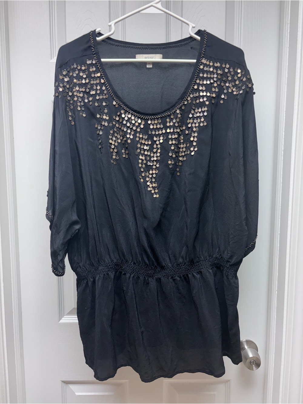 Sejour 1X Black 100% Silk Beaded Tunic Top Plus Size Boho Peasant Blouse